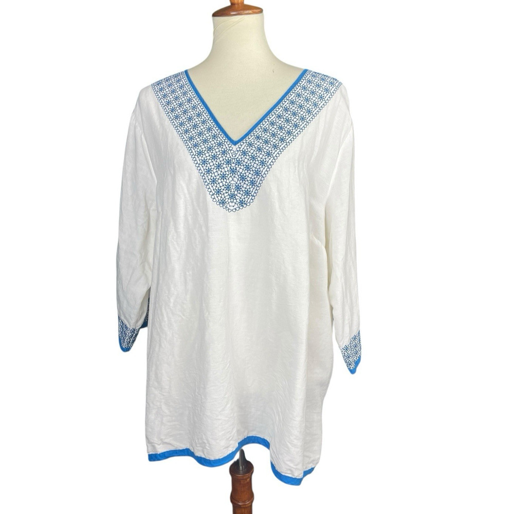 Jones New York White Linen V-Neck Tunic with Blue Embroidery Signature Woman 2X